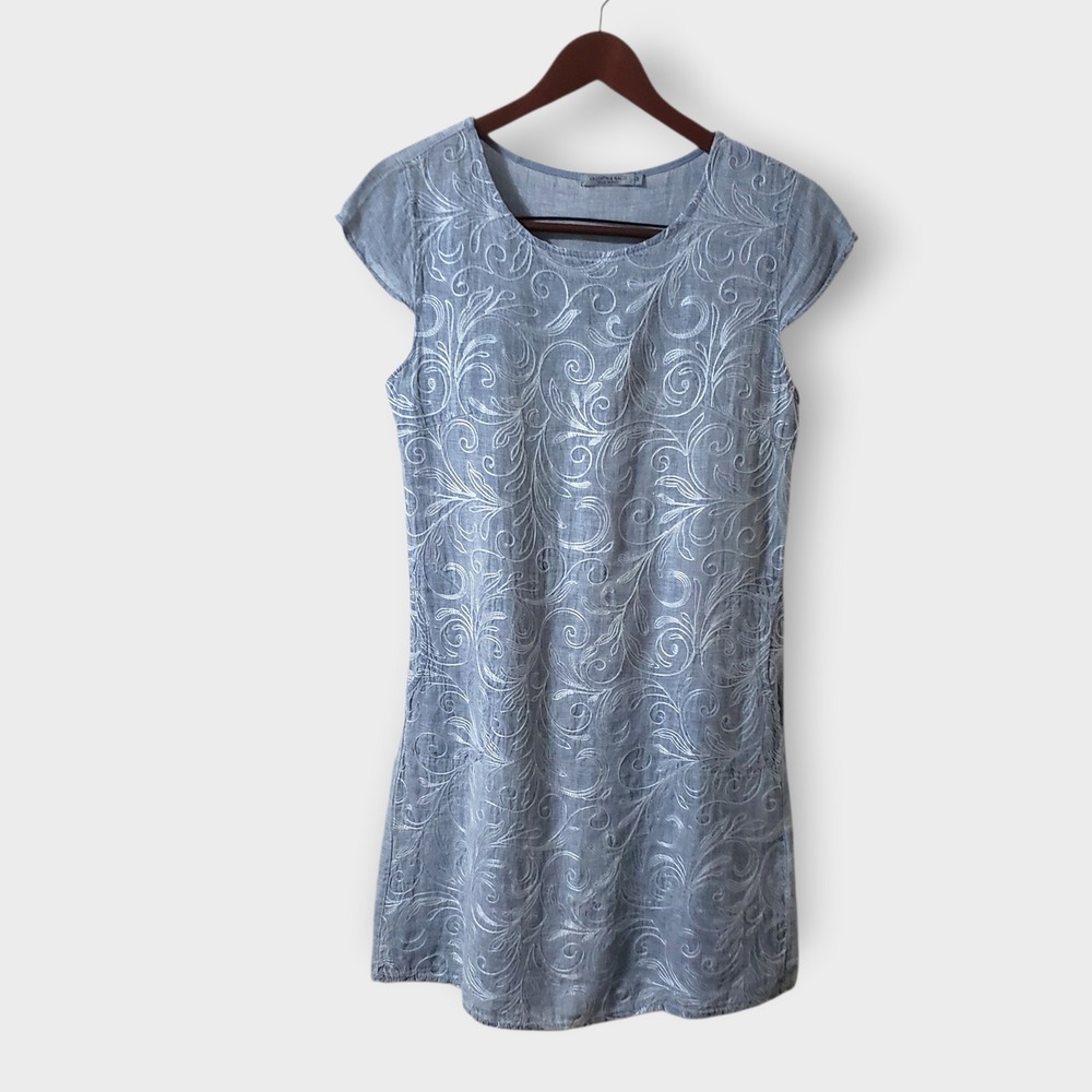 Valentina Naldi Made in Italy Blue 100% Linen Embroidered Shift Dress Size M